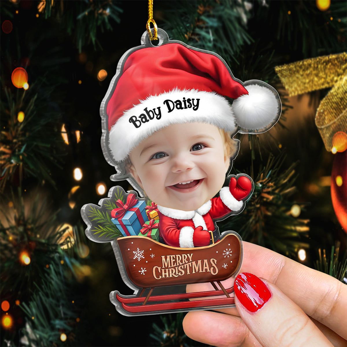 Personalized Baby Photo Ornament - Customized Baby Name Shaped Acrylic Ornaments, Baby Keepsake Gifts, Baby Santa Claus Christmas Ornament