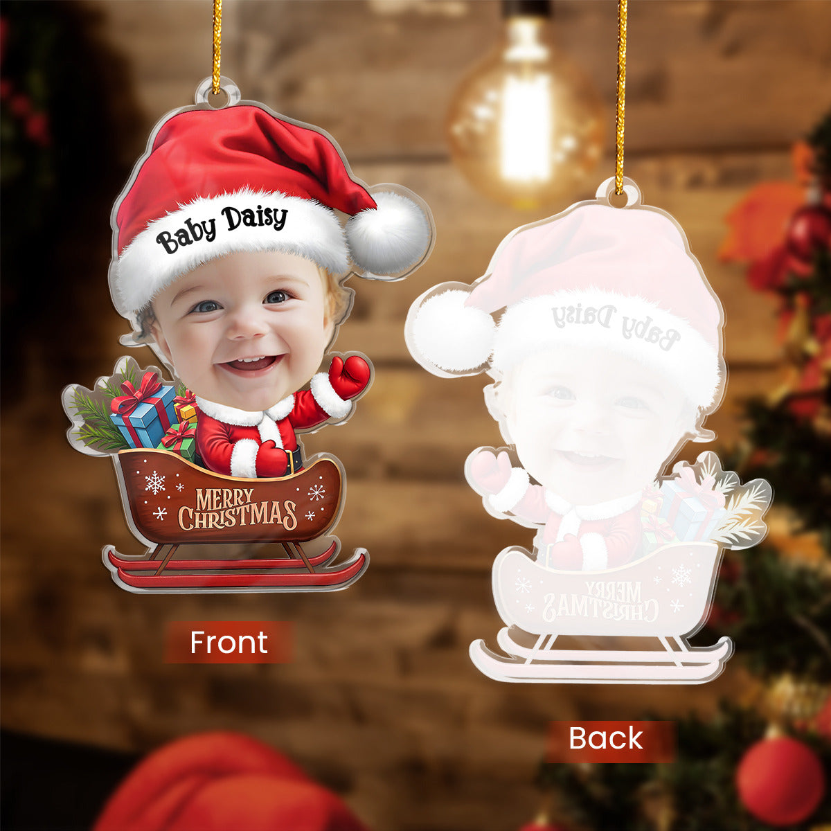 Personalized Baby Photo Ornament - Customized Baby Name Shaped Acrylic Ornaments, Baby Keepsake Gifts, Baby Santa Claus Christmas Ornament