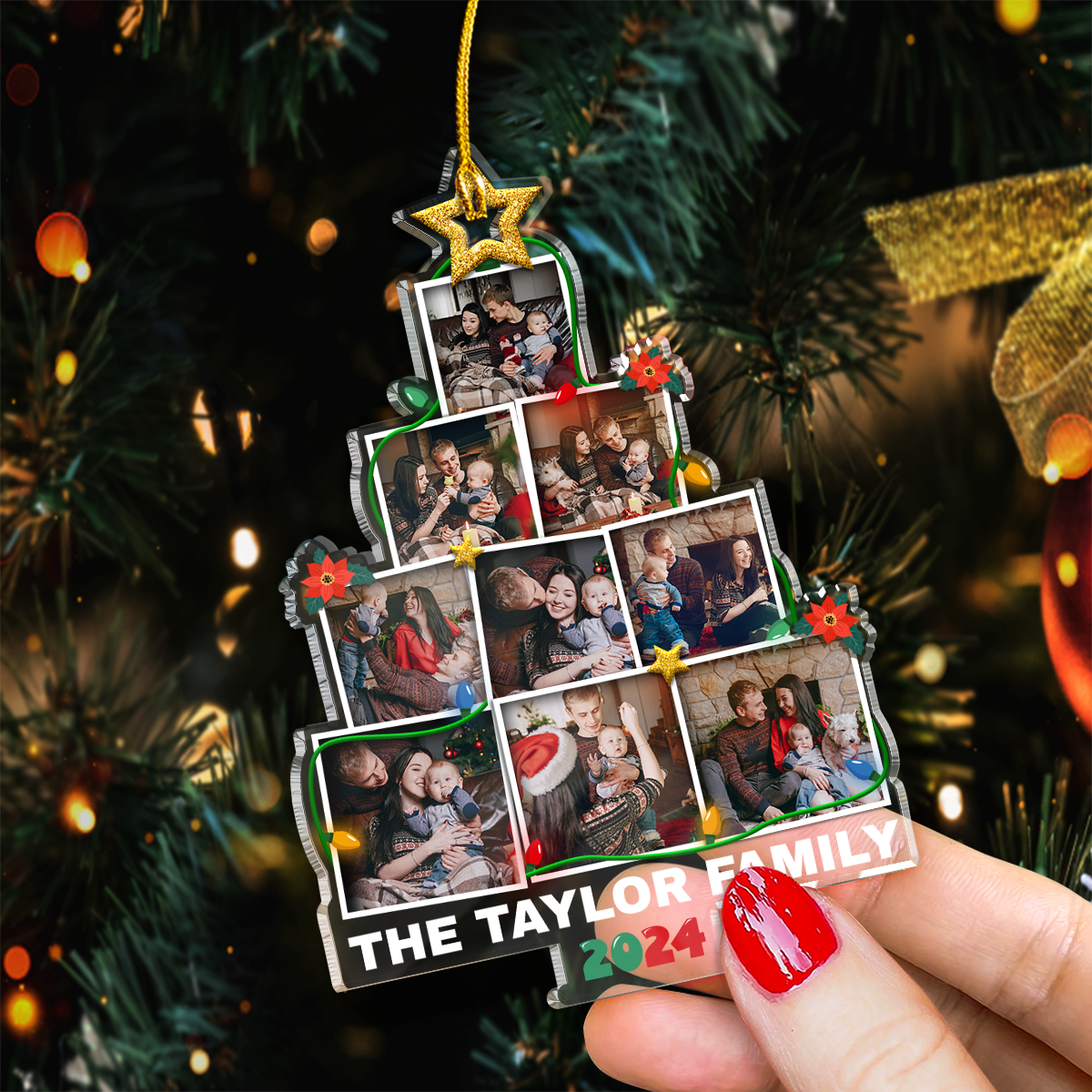 Personalized Family Name Photo Ornament - Customized Photo Christmas Tree Shaped Acrylic Ornaments, Custom Ornaments, Birthday Gift for Family Members