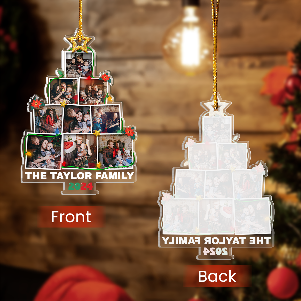 Personalized Family Name Photo Ornament - Customized Photo Christmas Tree Shaped Acrylic Ornaments, Custom Ornaments, Birthday Gift for Family Members