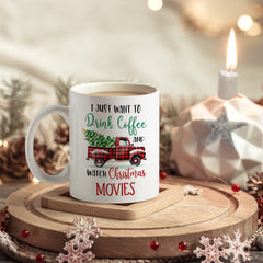 Personalized Christmas Movie Mug With Truck And Pine Tree Motifs