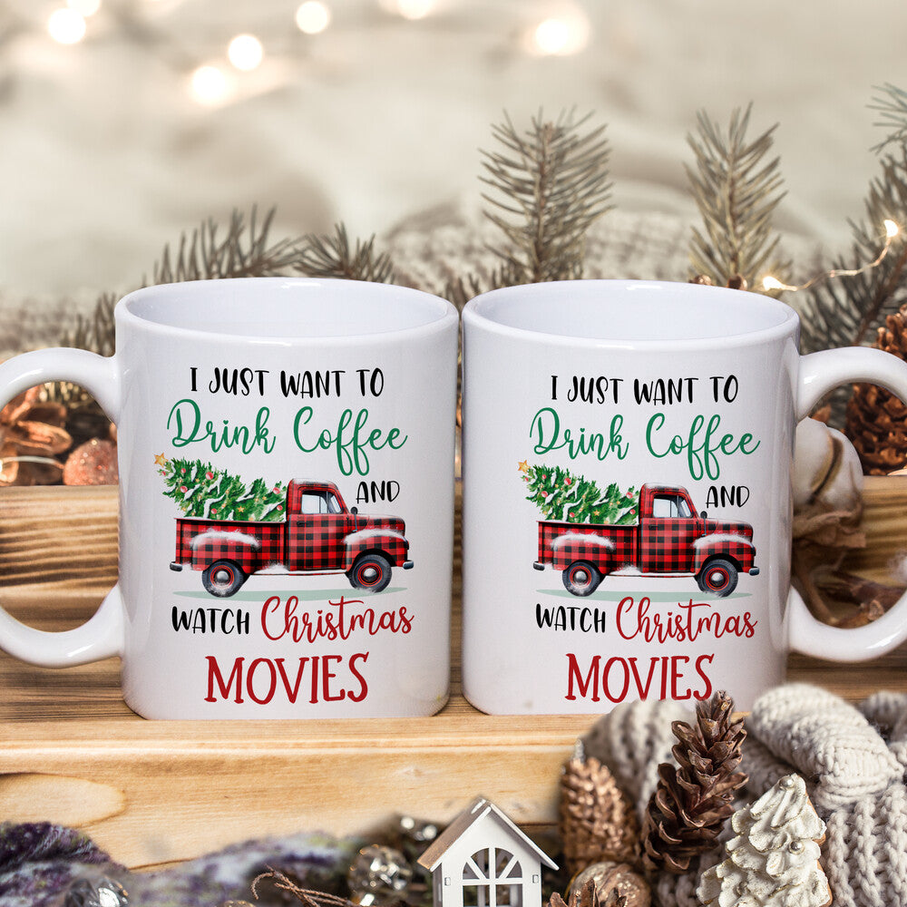 Personalized Christmas Movie Mug With Truck And Pine Tree Motifs