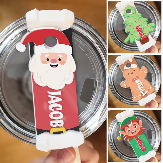 Personalized Christmas Tumbler Name Tag Decorated With Santa Claus