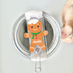 Personalized Christmas Tumbler Name Tag With A Cookie Wearing A Hat