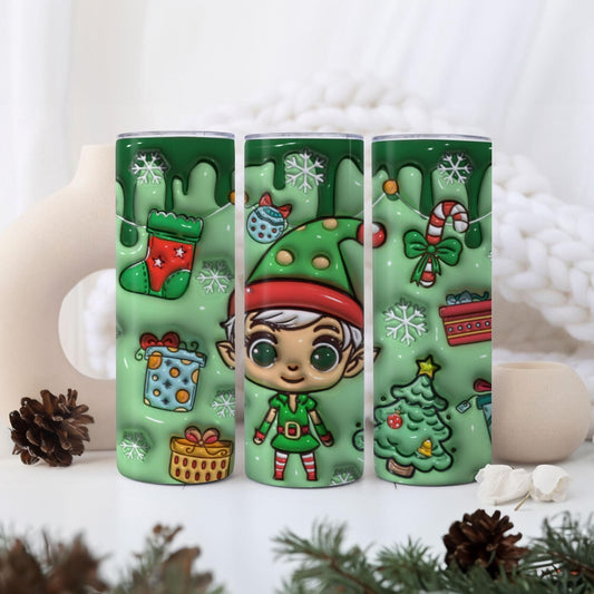 Personalized Elf Skinny Tumbler Decorated With Christmas Motifs
