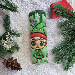 Personalized Elf Skinny Tumbler Decorated With Christmas Motifs