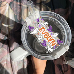 Personalized Halloween Tumbler Name Tag With Ghosts & Pumpkins Arround