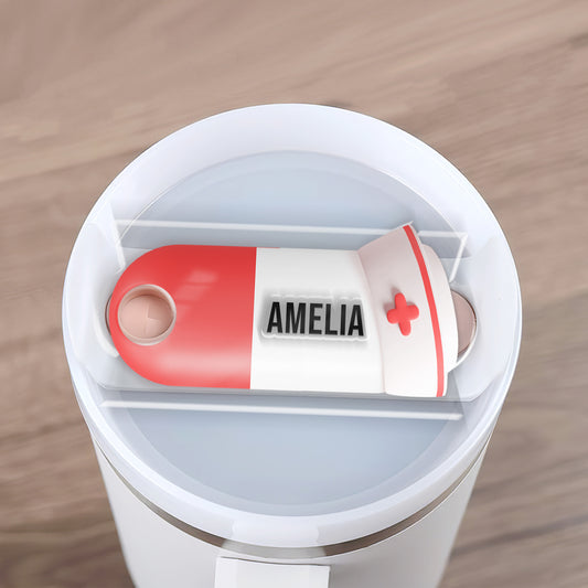 Personalized Nurse Tumbler Name Tag Decorated In The Shape Of A Pill