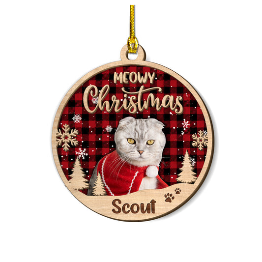 Personalized Pet Layered Wood Ornament Meow Christmas