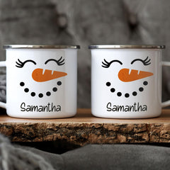 Personalized Snowman Camping Mug Decorated With Snowman Faces