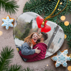 Personalized First Christmas Married Ornament Custom Photo Ceramic Ornaments 2024 for Boyfriend Girlfriend Lover Husband Wife Just Married Xmas Decorations Heart Ornaments