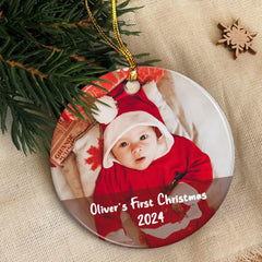Personalized Baby's First Christmas Custom Photo Ceramic Ornaments 2024 for Newborn Baby Boy Baby Girl Keepsake Christmas Decoration New Baby Circle Ornaments