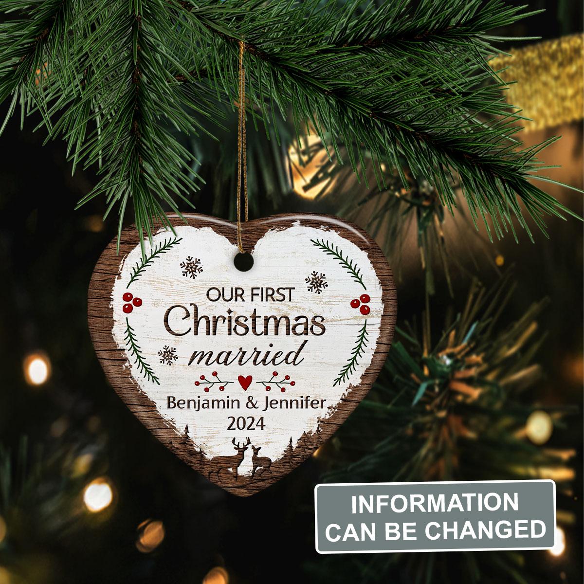 Personalized Our First Christmas Ornament Married Couple Deer Ceramic Ornaments 2024 for Married Couple Lovers Husband Wife Heart Ornaments
