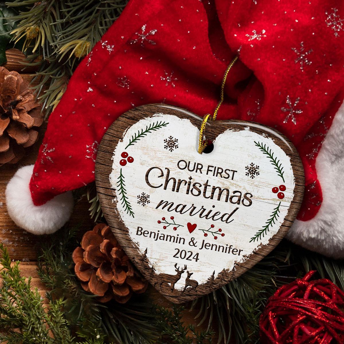 Personalized Our First Christmas Ornament Married Couple Deer Ceramic Ornaments 2024 for Married Couple Lovers Husband Wife Heart Ornaments