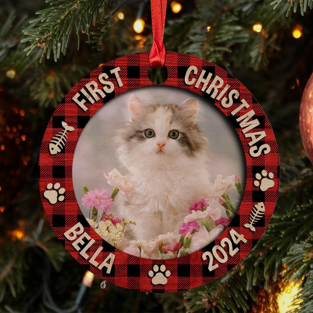 Personalized Cat Ornament First Christmas Custom Photo Wood Ornament 2024 for Kitten Cat Mom Cat Dad Pet Owner Tree Decoration Xmas Gift Ideas