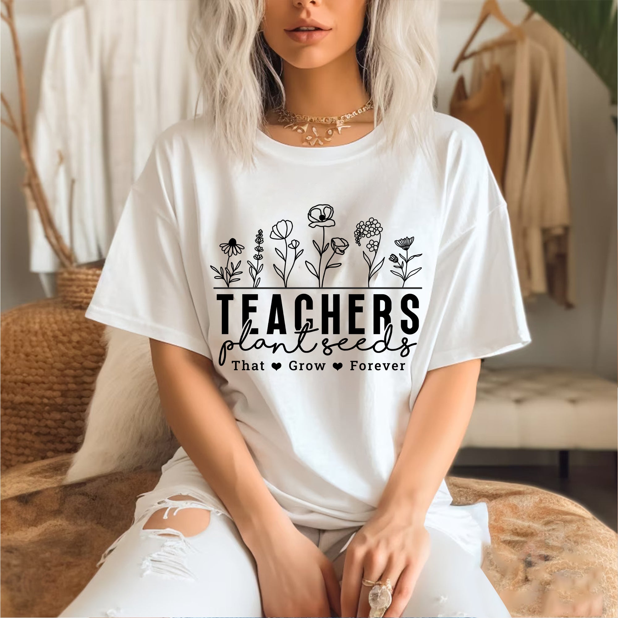Sandjest Teacher T-Shirt Teachers Plant Seeds Hand Drawing Gift for Women Girl Friend