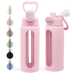 Glass Water Bottle with Silicone Sleeve 24oz with Lid, Motivational Time Marker, Drinking Hydration Glass Bottles for Men Women, Gym Travel Sports