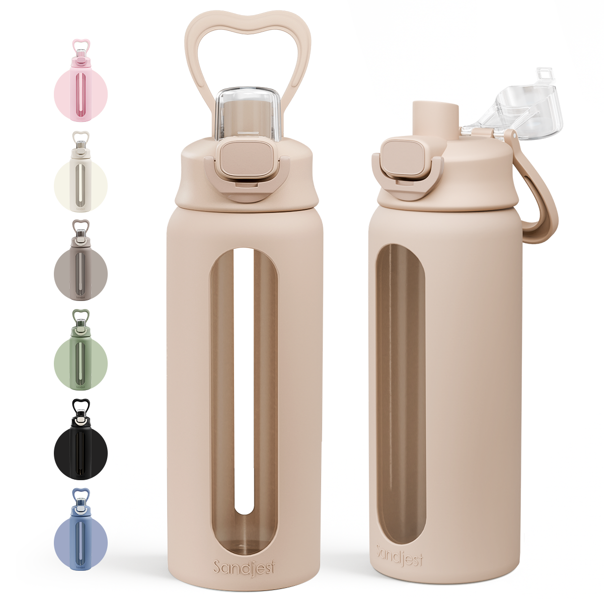 Two beige water bottles with different caps on a white background