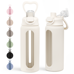 Glass Water Bottle with Silicone Sleeve 24oz with Lid, Motivational Time Marker, Drinking Hydration Glass Bottles for Men Women, Gym Travel Sports