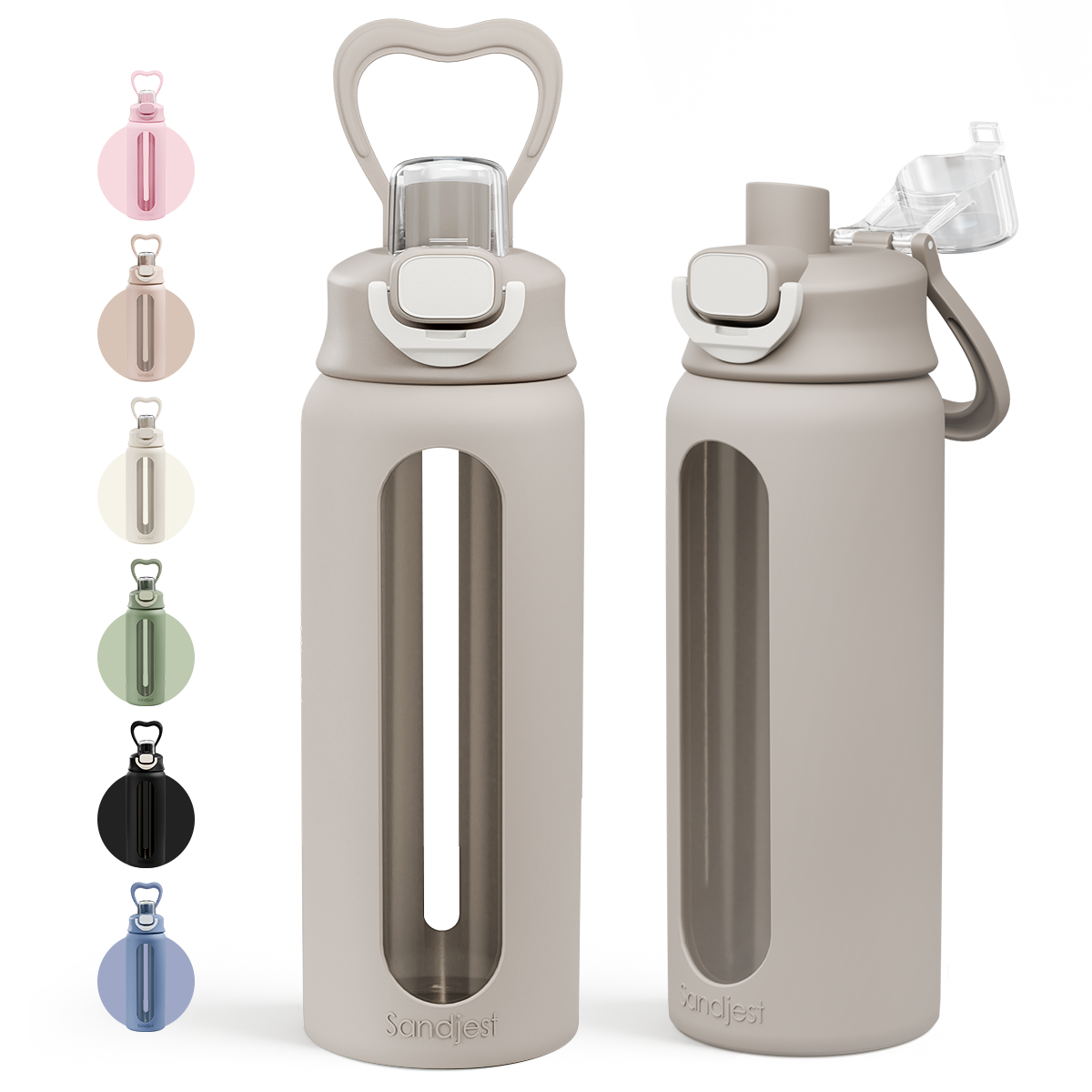 Two gray water bottles with different caps on a white background