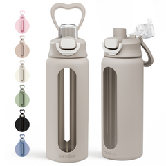 Glass Water Bottle with Silicone Sleeve 24oz with Lid, Motivational Time Marker, Drinking Hydration Glass Bottles for Men Women, Gym Travel Sports
