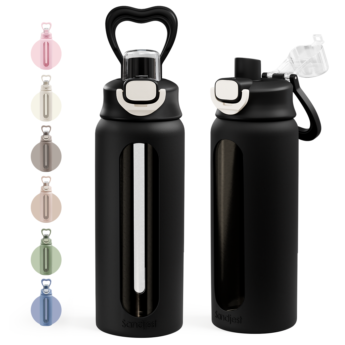 Two black water bottles with different caps on a white background