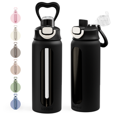 Glass Water Bottle with Silicone Sleeve 24oz with Lid, Motivational Time Marker, Drinking Hydration Glass Bottles for Men Women, Gym Travel Sports