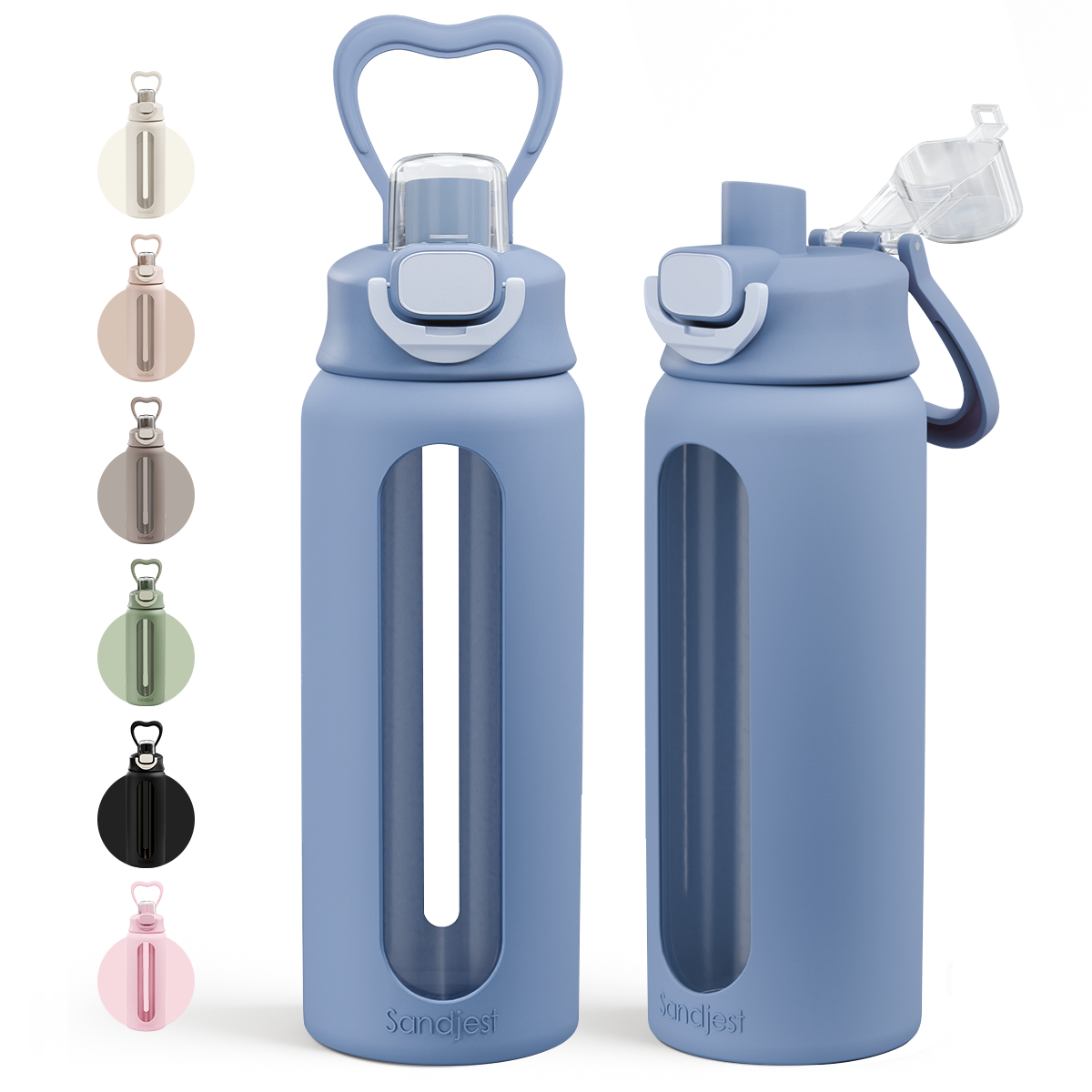 Two blue water bottles with different lid options on a white background