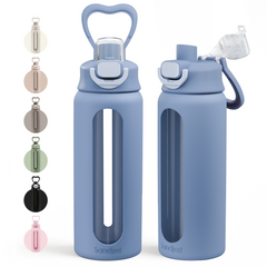 Glass Water Bottle with Silicone Sleeve 24oz with Lid, Motivational Time Marker, Drinking Hydration Glass Bottles for Men Women, Gym Travel Sports