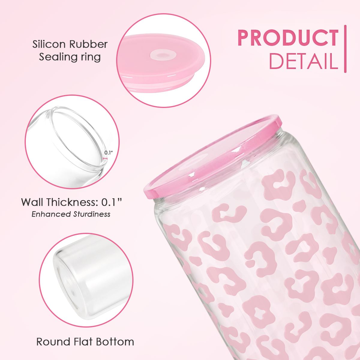 Leopard Glass Bottle, Pink Leopard Print Glass Cup with Lid & Straw, Iced Coffee Aesthetic Glass Can, Gift for Christmas Birthday Mother Day, Gifts for Women, 16oz