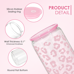 Leopard Glass Bottle, Pink Leopard Print Glass Cup with Lid & Straw, Iced Coffee Aesthetic Glass Can, Gift for Christmas Birthday Mother Day, Gifts for Women, 16oz