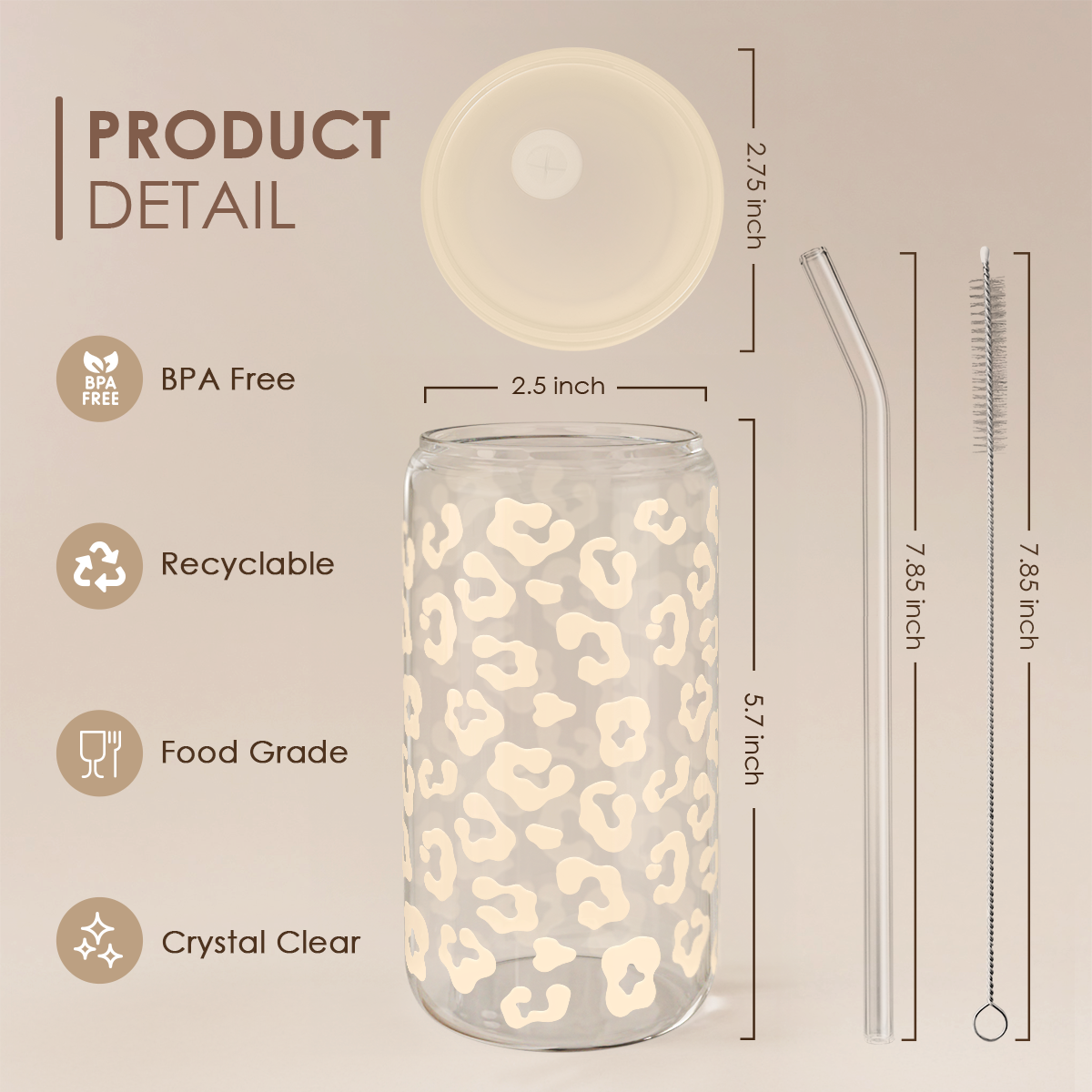Leopard Glass Bottle, Beige Leopard Print Glass Cup with Lid & Straw, Iced Coffee Aesthetic Glass Can, Gift for Christmas Birthday Mother Day, Gifts for Women, 16oz