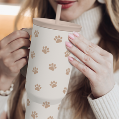 Paw Print Tumbler with Handle, Gifts for Dog Mom, Stainless Steel Insulated Tumblers Coffee Travel Mug Cup, Gift for Women Girls on Birthday Christmas Mothers Day, 40oz