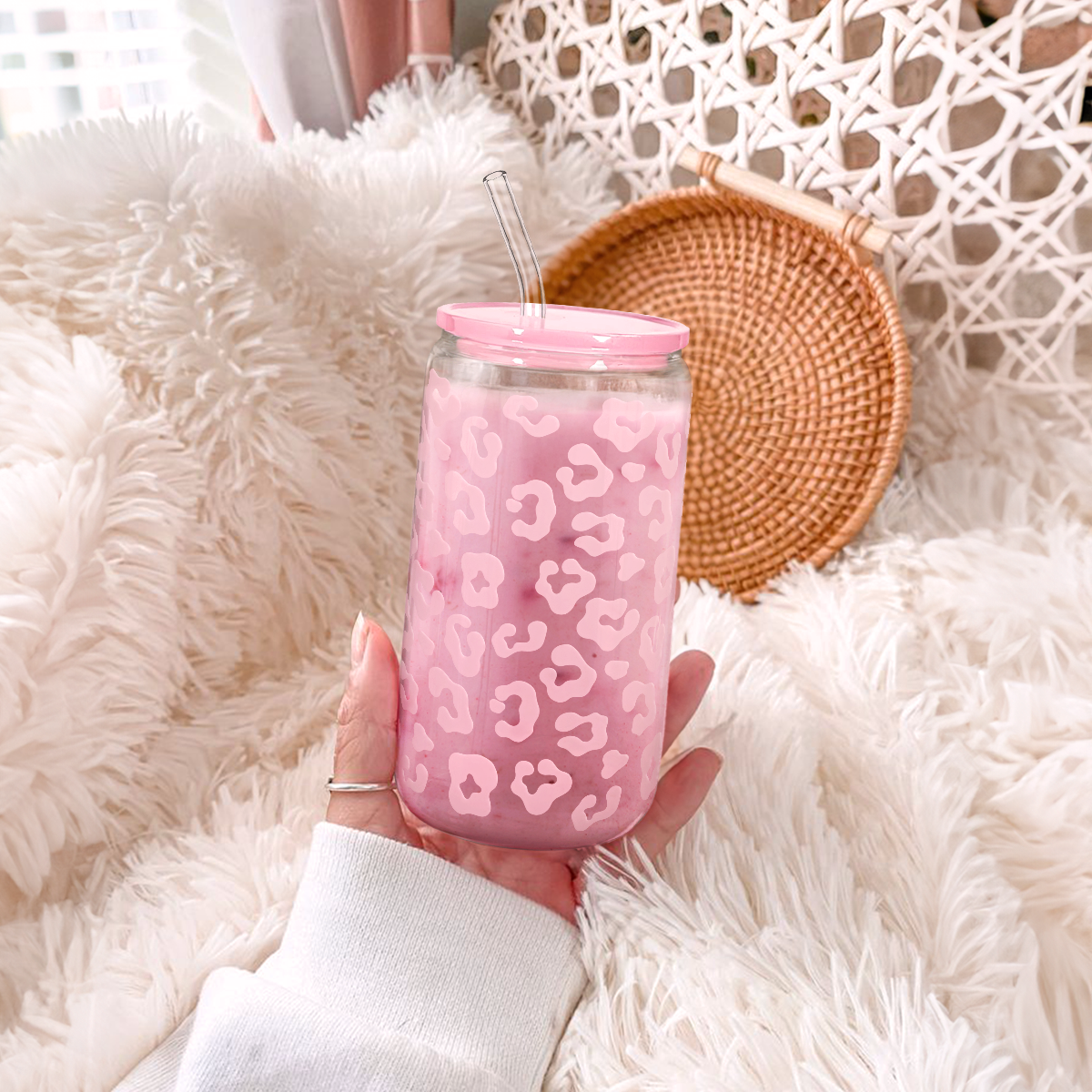 Leopard Glass Bottle, Pink Leopard Print Glass Cup with Lid & Straw, Iced Coffee Aesthetic Glass Can, Gift for Christmas Birthday Mother Day, Gifts for Women, 16oz