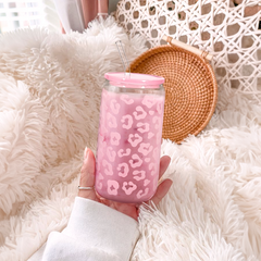 Leopard Glass Bottle, Pink Leopard Print Glass Cup with Lid & Straw, Iced Coffee Aesthetic Glass Can, Gift for Christmas Birthday Mother Day, Gifts for Women, 16oz