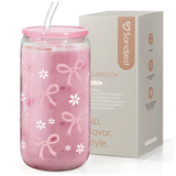 A 16oz clear glass bottle with pink bows design, a pink lid, and a glass straw, alongside its packaging box.