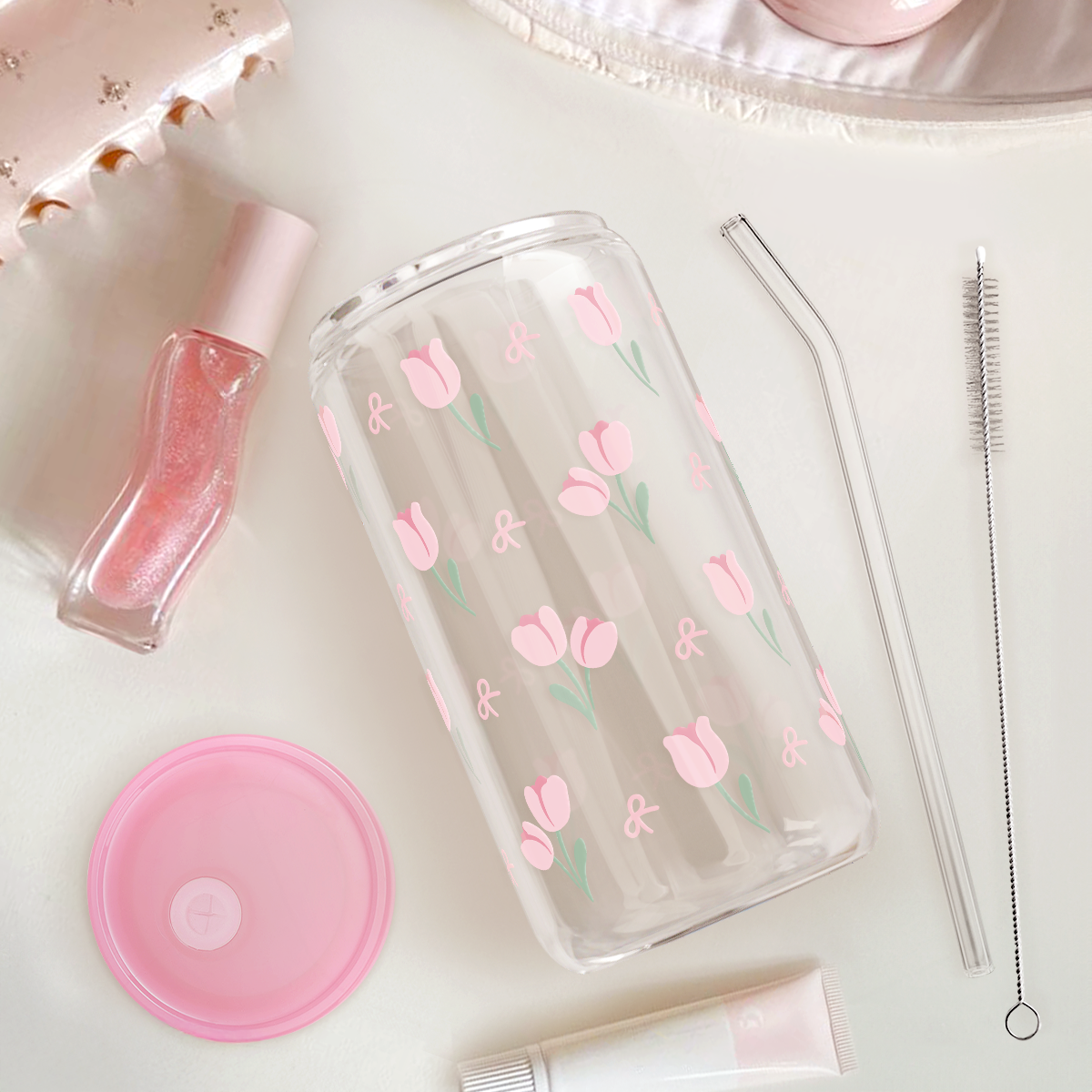 Floral Glass Bottle, Tulip Glass Cup, Iced Coffee Aesthetic Glass Can, Gift for Christmas Birthday, Gifts for Women Girls, 16oz