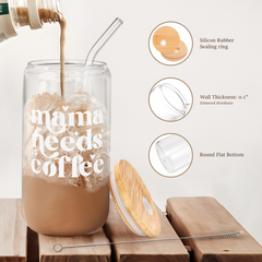 Mom Glass Bottle, Mama Needs Coffee Glass Cup with Lid & Straw, Iced Coffee Aesthetic Glass Can, Idea Gift for Christmas Birthday Mother Day, Gifts for Women, 16oz