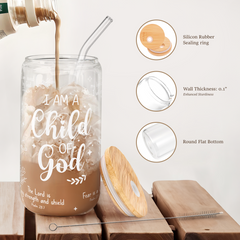 Christian Glass Bottle, I am Child of God Glass Cup with Lid & Straw, Iced Coffee Aesthetic Glass Can, Idea Gift for Christmas Birthday, Gifts for Women, 16oz