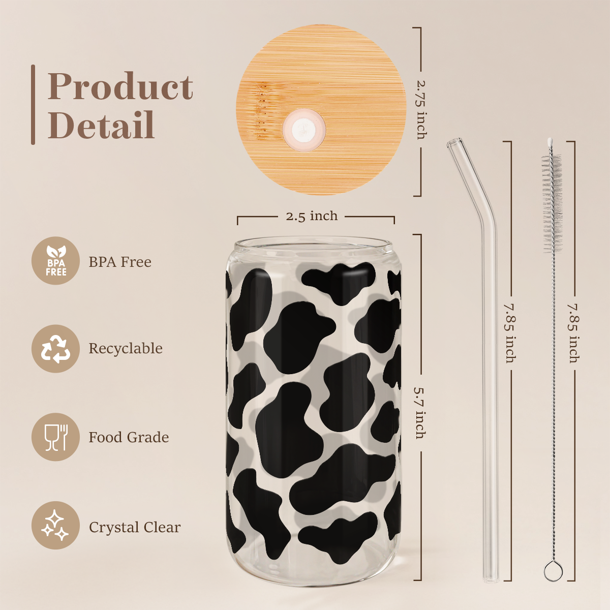 Black Cow Skin GlassGlow | Glass Tumbler with Bamboo Lid 16oz