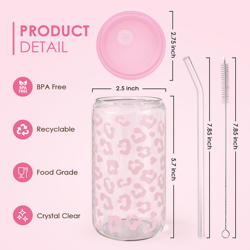 Leopard Glass Bottle, Pink Leopard Print Glass Cup with Lid & Straw, Iced Coffee Aesthetic Glass Can, Gift for Christmas Birthday Mother Day, Gifts for Women, 16oz