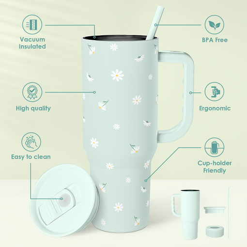 Daisy 40oz Tumbler with Handle and Straw ?C Flower Insulated Stainless Steel Travel Coffee Mug for Women Girls - Gift Idea for Birthday Christmas Mothers Day