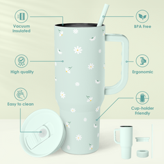 Daisy Flower Tumbler with Handle and Straw - Insulated Stainless Steel Coffee Travel Mug for Women Girls, Floral Gift Idea for Birthday Christmas