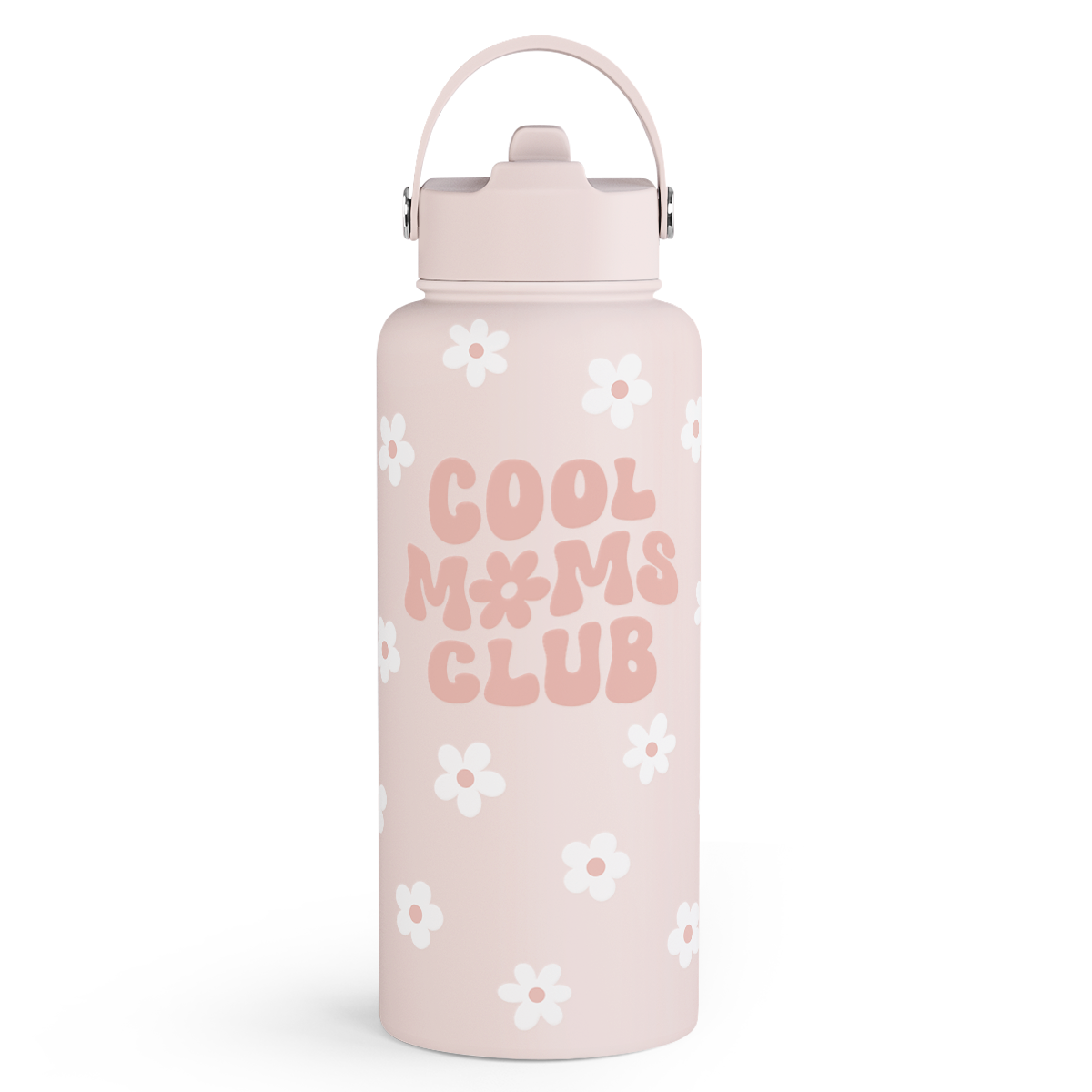A pink stainless steel water bottle with a floral pattern and the text 'COOL MOMS CLUB' on the side.