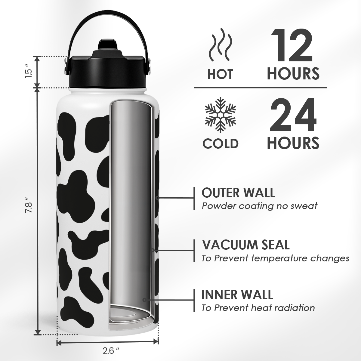 Black Cow Print SipChic | Straw Lid Water Bottle 32oz