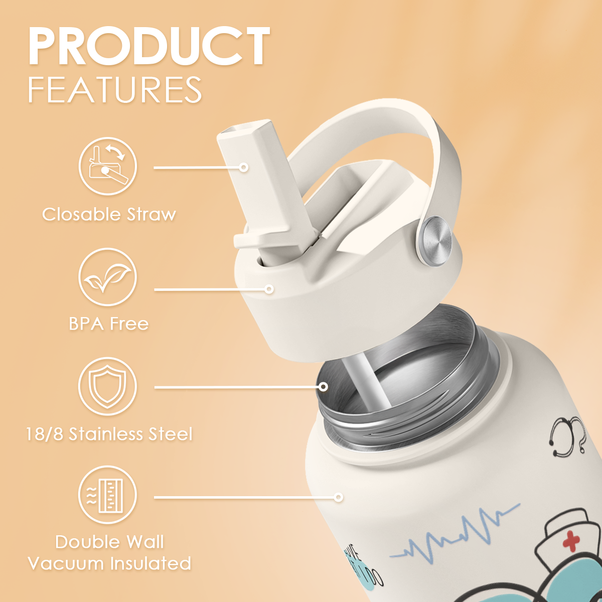 White Nurse SipChic | Straw Lid Water Bottle 32oz