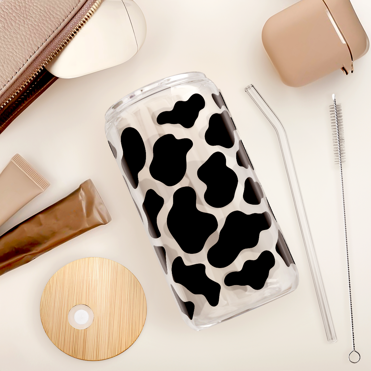Black Cow Skin GlassGlow | Glass Tumbler with Bamboo Lid 16oz