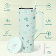 40oz Shamrock Tumbler with Handle and Straw - Insulated Stainless Steel Coffee Travel Mug, Christmas St. Patrick's Day Irish Gifts