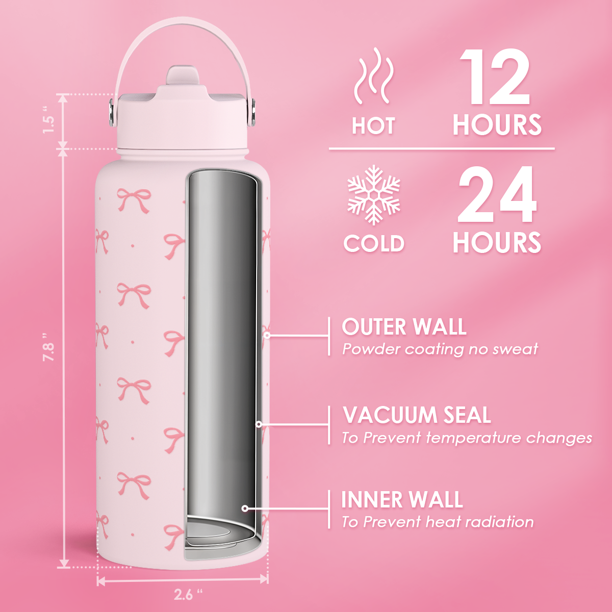 Pink Bow SipChic | Straw Lid Water Bottle 32oz