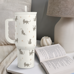 Gift for Cat Lovers Cat Mom - 40oz Insulated Stainless Steel Tumbler with Handle and Straw - Travel Coffee Mug for Women, Cat Owners - Gift for Birthday, Christmas